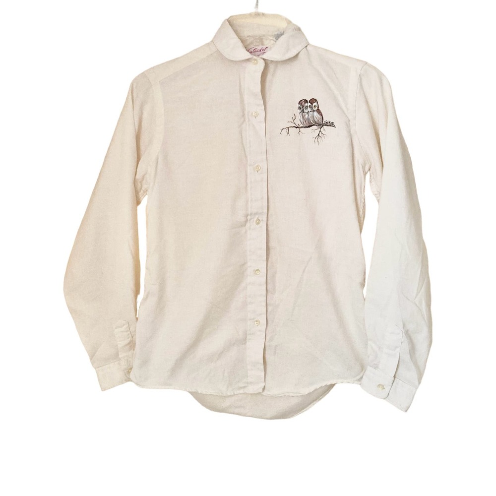 70's VTG Nantucket Girl's Button Up Shirt Size 6 Arty Owls Cream